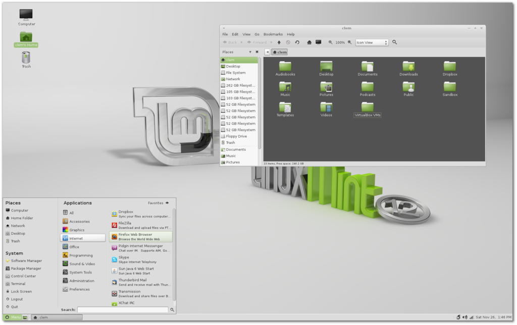 Linux Mint 12 (Lisa) with MATE, showing Caja and the MintMenu.png